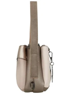 Sac à main porté épaule beige à motifs avec une poche extérieure zippée