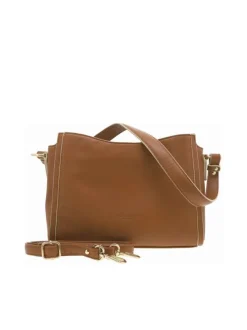 Sac à main porté épaule camel uni bicolore lisse avec marque embossée
