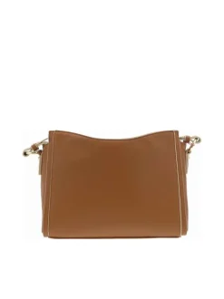 Sac à main porté épaule camel uni bicolore lisse avec marque embossée