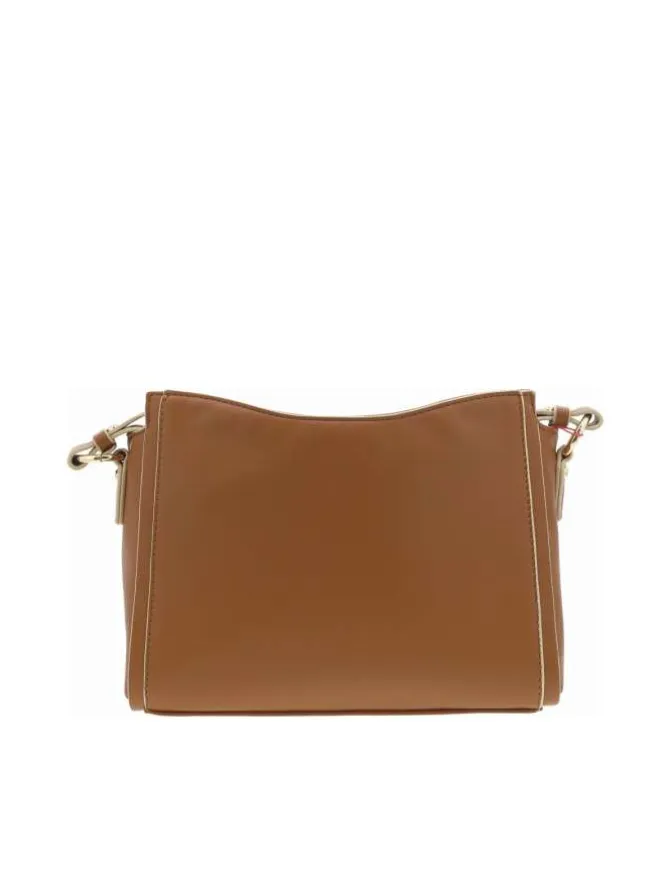 Sac à main porté épaule camel uni bicolore lisse avec marque embossée