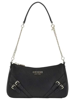 Sac à main porté épaule noir uni avec des boucles à ardillon décoratives