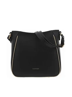 Sac à main porté épaule noir uni grainé avec liseré doré et marque dorée