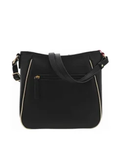 Sac à main porté épaule noir uni grainé avec liseré doré et marque dorée