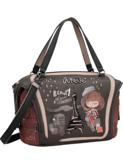 Sac à main taupe pourvu de motifs exclusifs et d'une bandoulière amovible