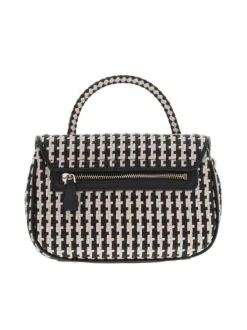 Sac à main tressé beige et noir avec détails dorés et bandoulière amovible