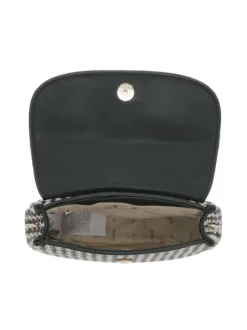 Sac à main tressé beige et noir avec détails dorés et bandoulière amovible