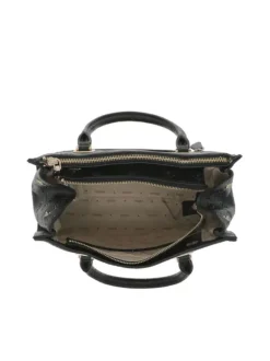 Sac noir porte-mains et bandoulière avec des gravures du logo de la marque