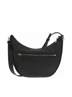 Sac noir à porté épaule forme banane avec détails dorés et bandoulière réglable