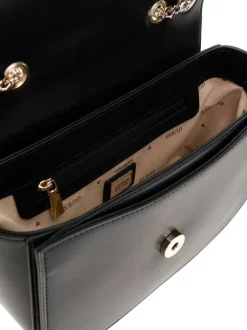 Sac noir uni avec bandoulière noire et dorée et logo de la marque