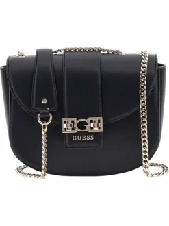 Sac noir uni avec bandoulière noire et dorée et logo de la marque