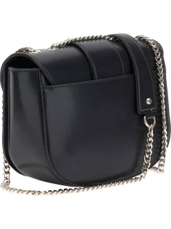Sac noir uni avec bandoulière noire et dorée et logo de la marque