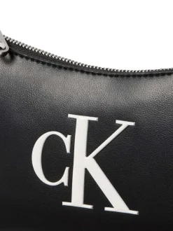 Sac noir uni à zip avec une bandoulière et un logo large blanc