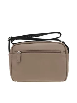 Sacoche beige unie avec sangle en tissu noire ajustable avec nom de la marque