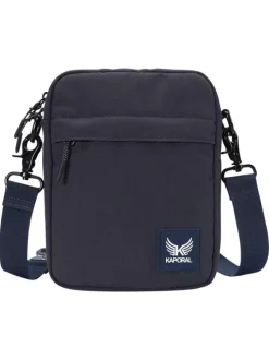Sacoche carrée bleue marine unie zippée avec un petit patch logo à l'avant