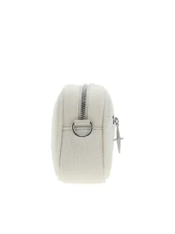 Sacoche écrue unie avec une poche zippée et nom iconique à l'avant