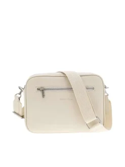 Sacoche écrue unie zippée avec bandoulière réglable en tissu et logo embossé