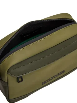 Sacoche kaki unie à fermeture zippée logo embossé et bandoulière