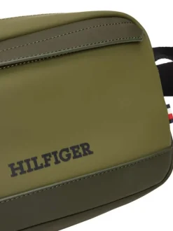 Sacoche kaki unie à fermeture zippée logo embossé et bandoulière