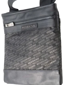 Sacoche noire avec des logos imprimés et une fermeture zippée