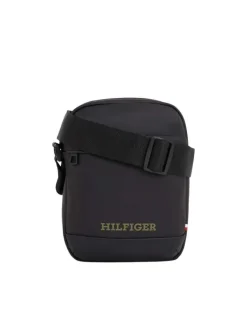 Sacoche noire unie à bandoulière ajustable fermeture zippée et logo embossé
