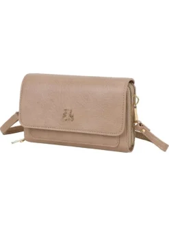 Sac pochette porté taupe à bandoulière amovible orné du logo de la marque