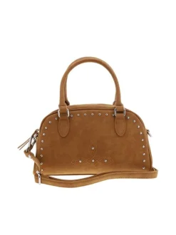 Sac porte-main camel uni pourvu de strass sur le pourtour avec des anses