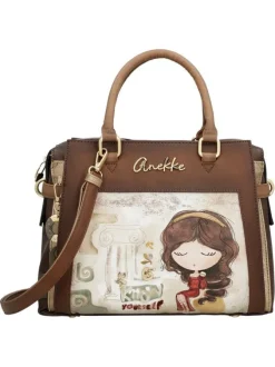 Sac porte mains beige et marron avec des imprimés et deux anses