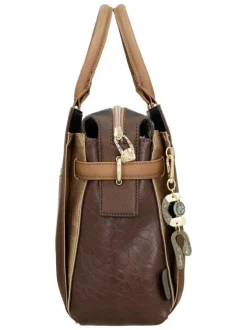Sac porte mains beige et marron avec des imprimés et deux anses
