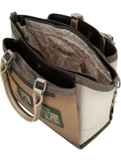 Sac porte mains beige à imprimé avec deux anses et une bandoulière ajustable