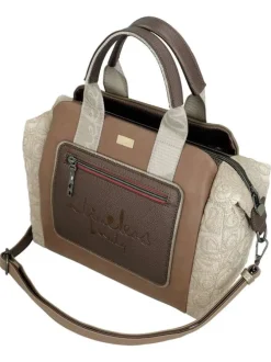 Sac porte mains beige à imprimé avec deux anses et une bandoulière ajustable