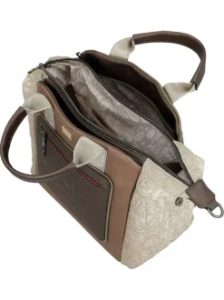 Sac porte mains beige à imprimé avec deux anses et une bandoulière ajustable