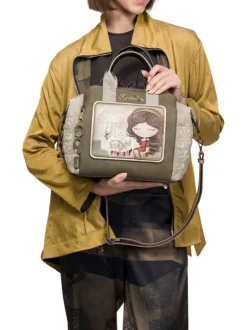 Sac porte mains beige à imprimé avec deux anses et une bandoulière ajustable