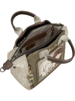 Sac porte mains beige à imprimé avec deux anses et une bandoulière ajustable