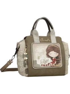 Sac porte mains beige à imprimé avec deux anses et une bandoulière ajustable