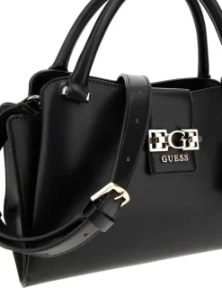 Sac porte-mains noir uni et bandoulière avec nom de la marque