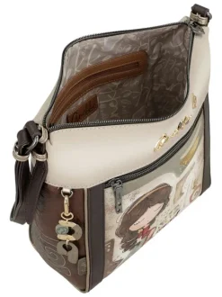 Sac porte épaule beige avec des imprimés et une anse réglable