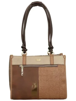 Sac porte épaule beige et marron à imprimé avec deux anses à cordons