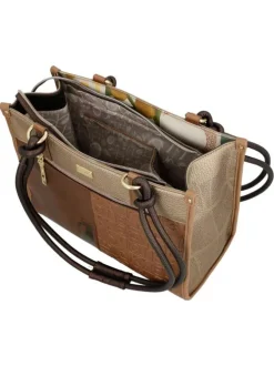 Sac porte épaule beige et marron à imprimé avec deux anses à cordons