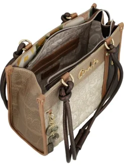Sac porte épaule beige et marron à imprimé avec deux anses à cordons