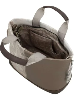Sac porté main écru imprimé avec un imprimé de la marque sur le pourtour