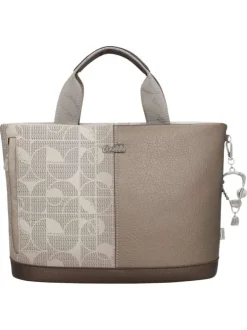 Sac porté main écru imprimé avec un imprimé de la marque sur le pourtour