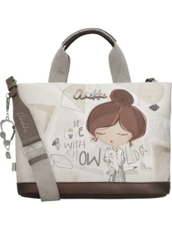 Sac porté main écru imprimé avec un imprimé de la marque sur le pourtour