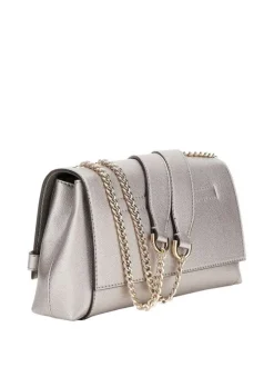 Sac porté épaule argent uni avec un rabat à pression et logo de la marque