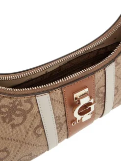 Sac porté épaule beige avec imprimés monogrammes et logo métallique