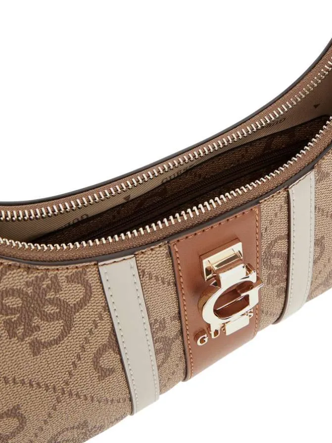 Sac porté épaule beige avec imprimés monogrammes et logo métallique