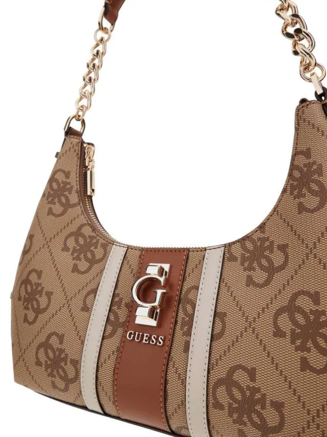 Sac porté épaule beige avec imprimés monogrammes et logo métallique