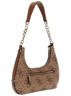 Sac porté épaule beige avec imprimés monogrammes et logo métallique