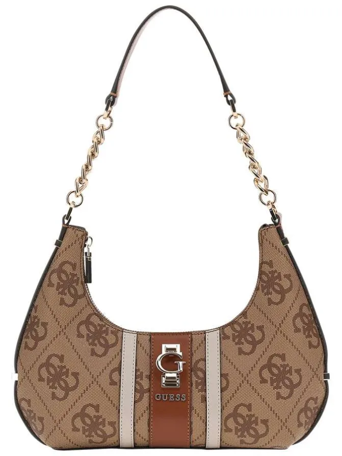 Sac porté épaule beige avec imprimés monogrammes et logo métallique