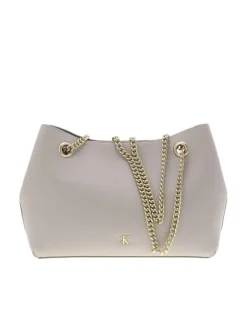 Sac porté épaule beige uni avec logo iconique en doré sur le devant