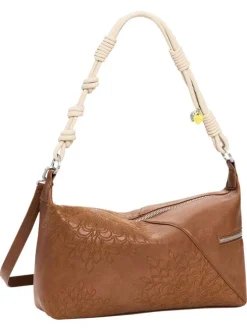 Sac porté épaule camel avec des motifs floraux muni d'une bandoulière